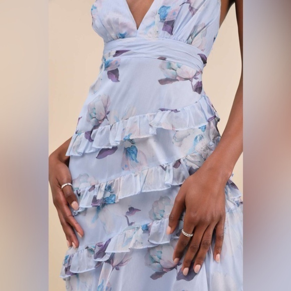 NEW Lulus Saveria Light Blue Floral Ruffle Asymmetrical Maxi Dress XS Party - Picture 4 of 9